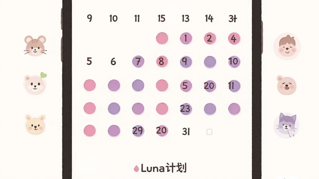 一张Luna计划生理周期日历界面的手机截图风格插画,画面主体为手机屏幕显示彩色圆点标记的月历,粉色与紫色圆点交替排列,旁边有柔和的小图标表示不同阶段,布局为居中展示,风格温馨简约,细节上日历数字清晰,屏幕底部有