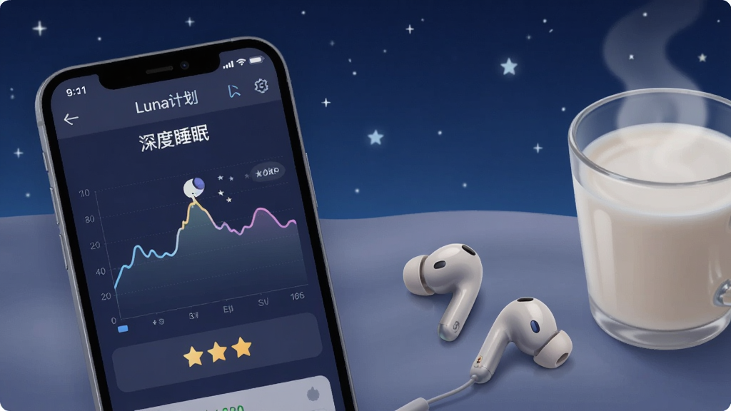 一张展示Luna计划睡眠追踪功能的场景图,画面左侧为手机屏幕显示睡眠曲线图与星级评分,右侧为入耳式耳机和一杯温牛奶,背景为深蓝色夜空点缀星星,布局左右平衡,风格安静舒缓,细节上屏幕内文字显示