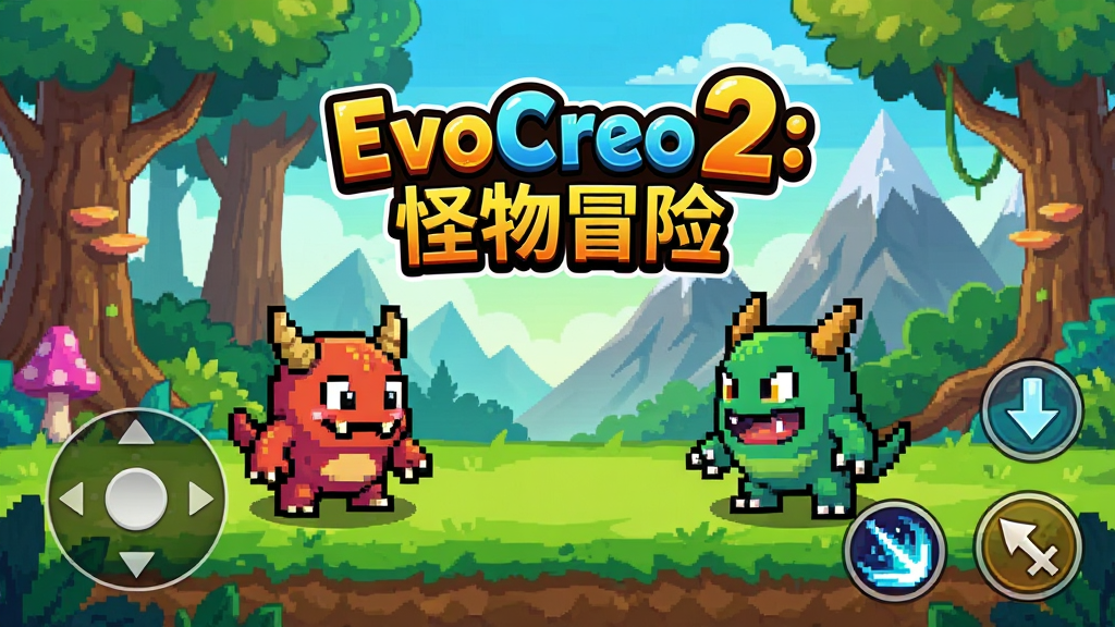一张精美的手机游戏界面截图,画面中央展示『EvoCreo 2: 怪物冒险』游戏标题logo,背景是色彩鲜艳的卡通风格奇幻森林与山脉,前景有两只造型可爱、属性不同的像素风格怪物正在对峙,画面底部有虚拟摇杆和技能按钮,整体风格明亮活泼,画质清晰,细节丰富,干净无多余元素