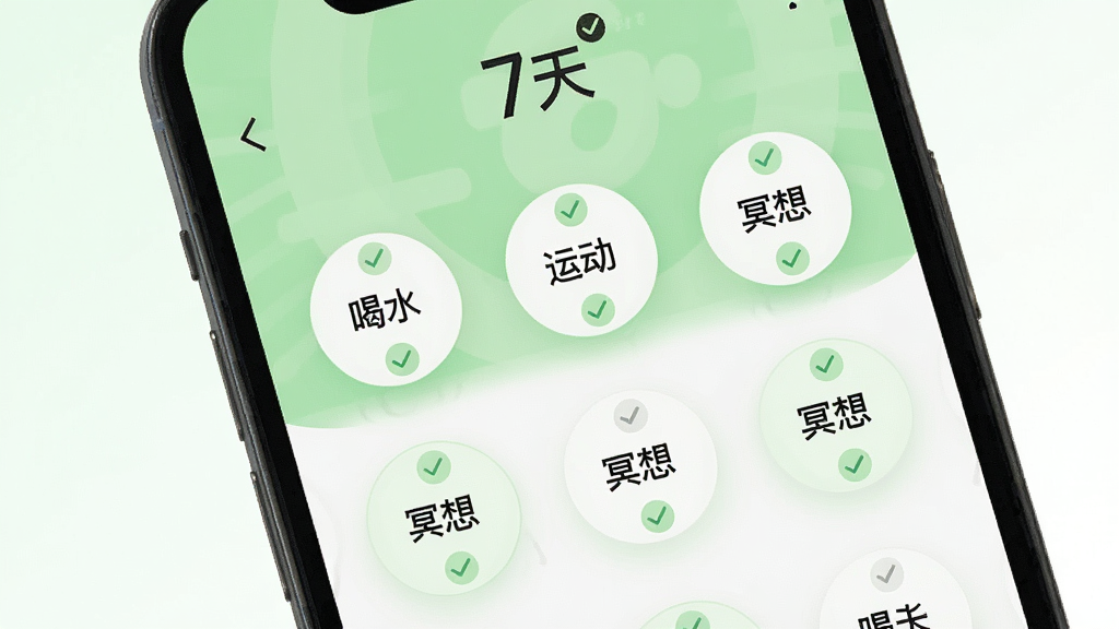 一张Luna计划习惯打卡界面的手机展示图,画面中手机屏幕显示多个圆形打卡按钮,分别标注