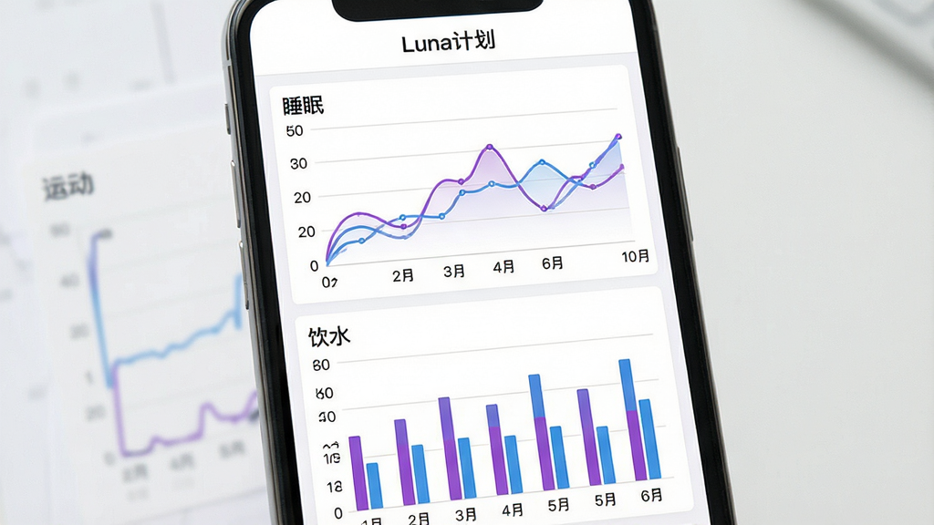 一张Luna计划数据看板界面的手机样机图,屏幕显示多张折线图和柱状图,分别标注