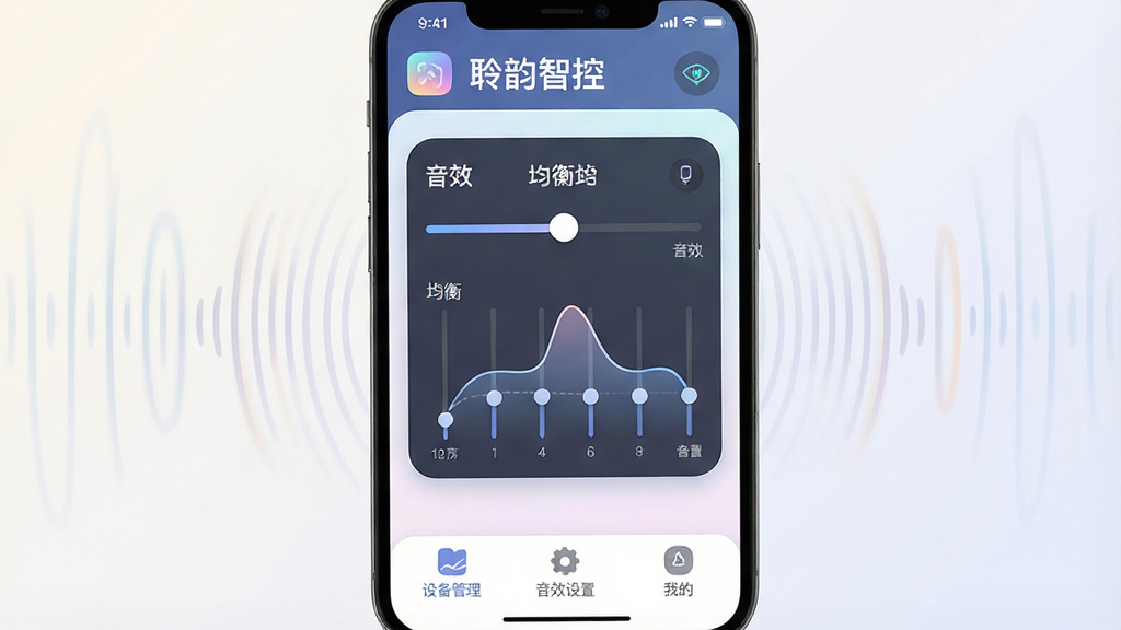 一张展示智能手机屏幕的图片,屏幕上显示着“聆韵智控”APP的主界面,界面布局清晰,顶部有设备连接状态栏,中部有音效调节滑块和均衡器曲线,底部有设备管理、音效设置、我的三个导航图标。背景为简洁的浅色渐变,手机周围有淡淡的声波纹理装饰。风格为现代科技感UI展示图,细节包括图标圆角、字体清晰、色彩柔和。画质高清,干净,无多余元素。