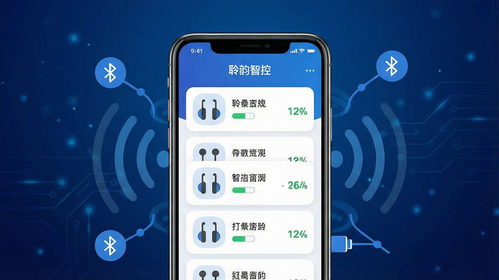 一张展示“聆韵智控”APP设备管理界面的图片,画面中央是一部手机,手机屏幕上显示着设备列表,列表中有多个耳机图标,每个图标旁标注着设备名称和电量百分比。手机周围漂浮着蓝牙信号波纹和连接线图标,背景为深蓝色科技感渐变。风格为扁平化UI展示,细节包括清晰的图标、圆润的卡片式布局。画质高清,干净,无多余元素。
