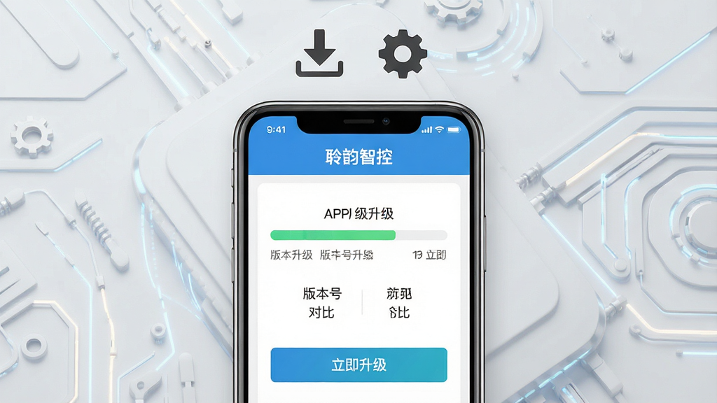一张展示“聆韵智控”APP固件升级界面的图片,画面中央是手机屏幕,屏幕上显示着升级进度条和版本号对比,旁边有“立即升级”按钮。手机上方有下载箭头和齿轮图标,背景为浅灰色科技纹理。风格为简洁工具类UI展示,细节包括清晰的文字说明和进度指示。画质高清,干净,无多余元素。