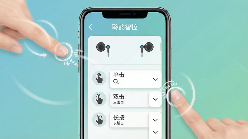 一张展示“聆韵智控”APP触控设置界面的图片,画面主体为手机屏幕,屏幕上显示着左右耳机图标和对应的触控手势选项,如单击、双击、三击、长按等,每个选项旁有功能下拉菜单。背景为淡雅的蓝绿色渐变,手机周围有手指点击的动画轨迹。风格为交互设计展示图,细节包括清晰的图标和文字标签。画质高清,干净,无多余元素。