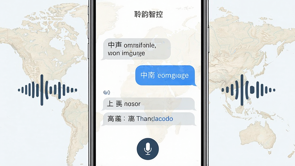 一张展示“聆韵智控”APP同声传译功能的图片,画面中央是手机屏幕,屏幕上显示着两种语言的对话气泡和翻译文字,下方有麦克风按钮。手机两侧分别有中文和英文的语音波形图标,背景为国际化风格的浅色地图纹理。风格为商务沟通场景展示,细节包括清晰的翻译文本和语言标识。画质高清,干净,无多余元素。