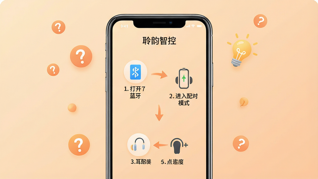 一张展示“聆韵智控”APP新手引导页面的图片,画面主体为手机屏幕,屏幕上显示着连接耳机的步骤图示,包括打开蓝牙、进入配对模式、点击连接等步骤,每一步都有图标和简短文字说明。背景为柔和的浅橙色渐变,手机周围有问号和灯泡图标点缀。风格为友好新手引导界面,细节包括清晰的步骤编号和箭头指示。画质高清,干净,无多余元素。
