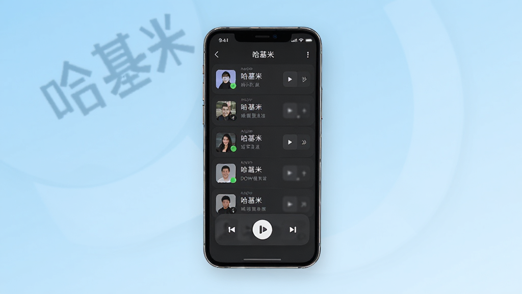 哈基米软件主界面展示,画面中央放置一部智能手机,手机屏幕显示音频下载列表与播放按钮,背景为浅蓝色渐变,风格简洁现代,细节清晰,画质干净,无多余元素