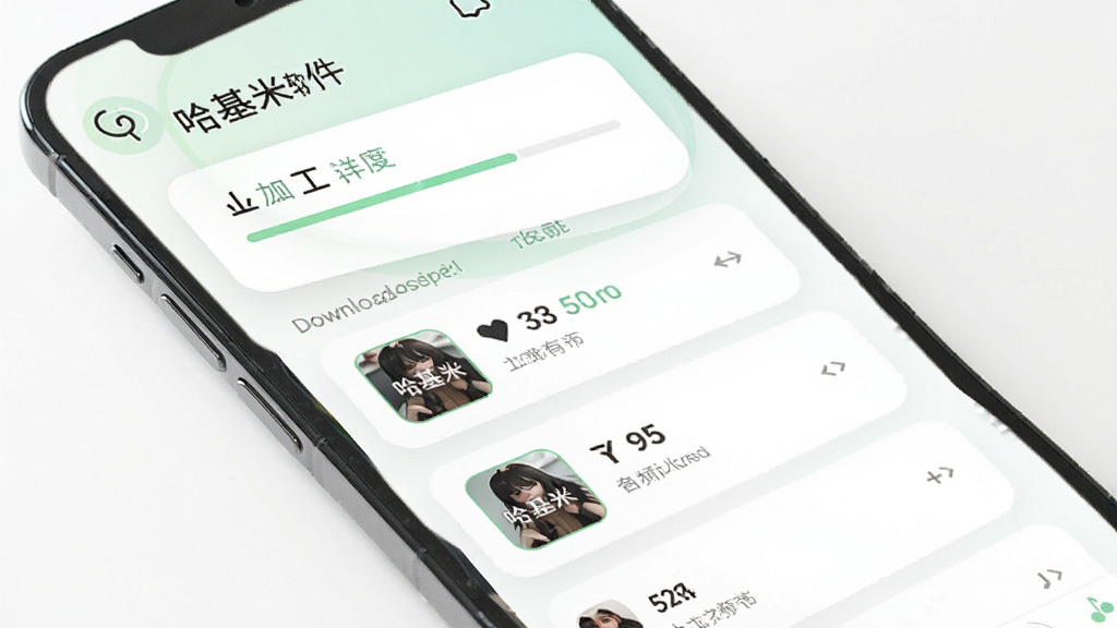 哈基米软件下载功能界面,手机屏幕显示音频下载进度条和已完成的下载列表,界面采用卡片式布局,背景为白色与浅绿色搭配,风格清新,画质清晰,无多余元素