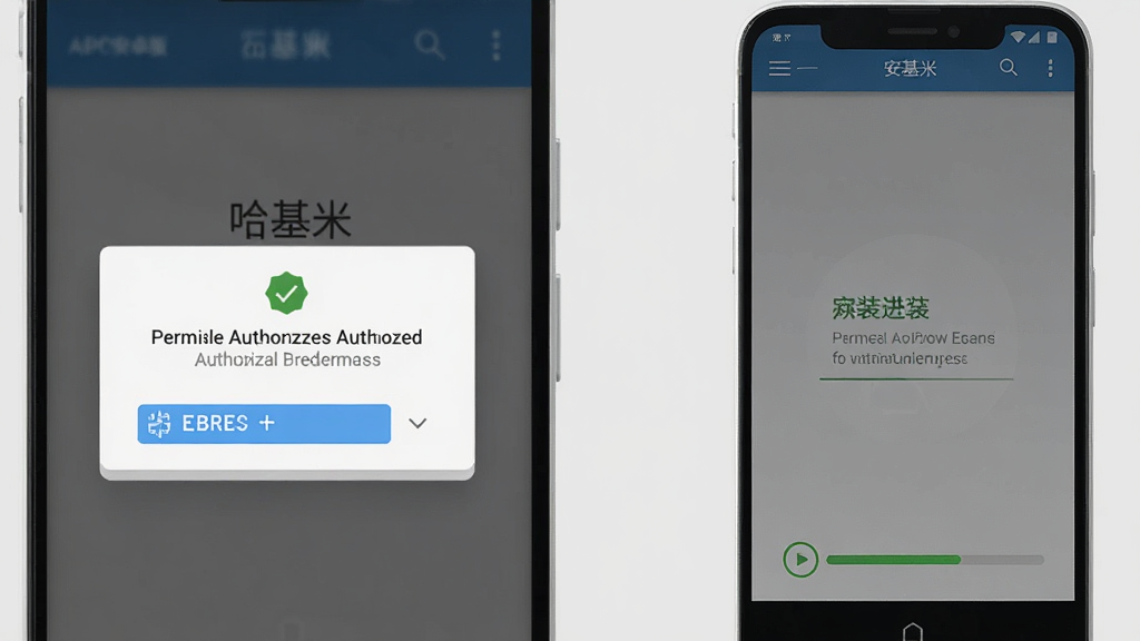哈基米安卓版安装步骤示意图,手机屏幕显示权限授权弹窗和安装进度,背景为浅灰色,风格简洁直观,细节清晰,画质干净,无多余元素