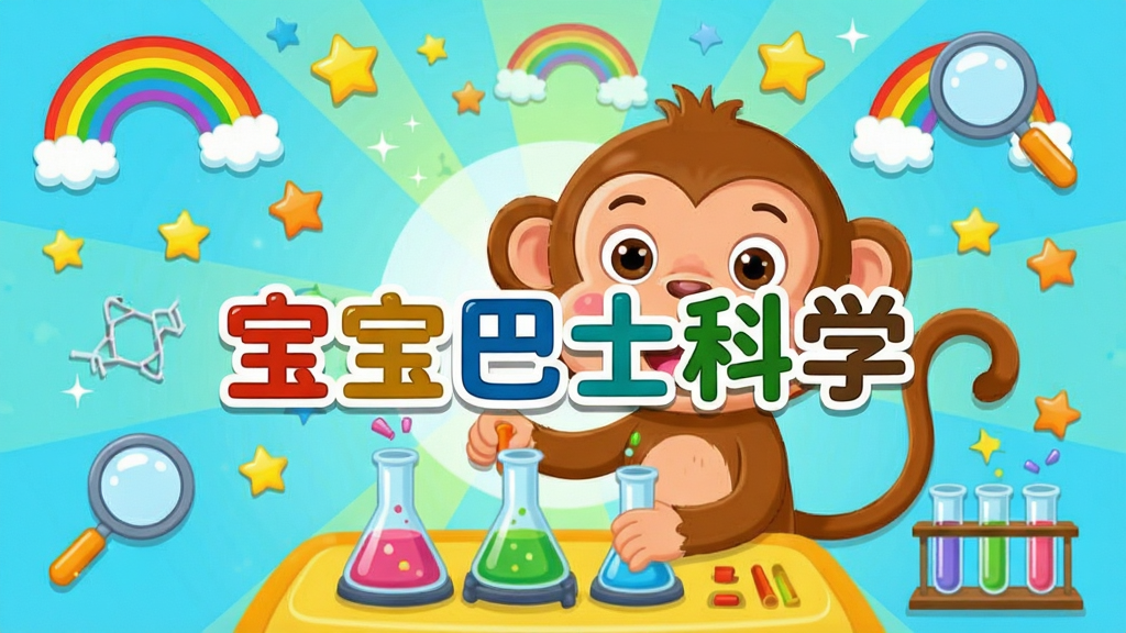 宝宝巴士科学软件主界面全貌展示,主体为卡通风格的卷尾猴角色正在操作科学实验器材,布局采用中心放射状,排版清晰有序,风格为明亮活泼的儿童插画风,细节包括彩虹、星星、放大镜、试管等科学元素,画质高清,干净,无多余元素,图片中央醒目文字“宝宝巴士科学”。