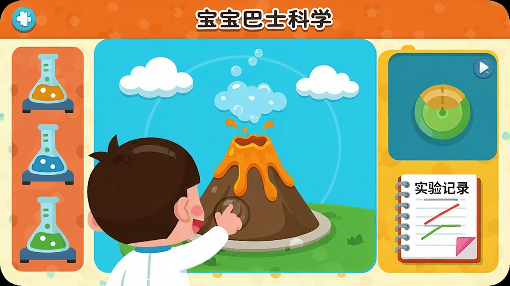 宝宝巴士科学互动实验界面,主体为卡通儿童正在点击屏幕上的火山模型,布局为左侧实验器材栏、右侧操作区,排版简洁,风格为色彩鲜艳的扁平化设计,细节包含冒泡的火山、飘动的云朵、实验记录本,画质清晰,干净,无多余元素,画面中带文字“宝宝巴士科学”。