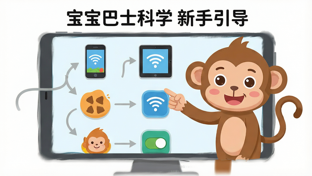 宝宝巴士科学新手操作指引图,主体为卡通卷尾猴指着屏幕上的步骤图标,布局为从上到下的流程线,排版清晰,风格为扁平化图标设计,细节包含手机、平板、Wi-Fi符号、权限开关,画质简洁,干净,无多余元素,图片中文字“宝宝巴士科学 新手引导”。
