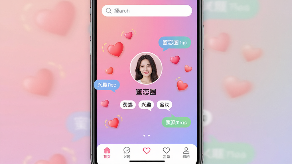 一张手机屏幕展示蜜恋圈应用主界面,界面中央是用户个人头像和兴趣标签,周围环绕着动态的爱心和聊天气泡,背景是柔和的粉紫色渐变,布局清晰,风格温馨浪漫,细节包括底部导航栏和顶部搜索框,画质清晰,干净,无多余元素