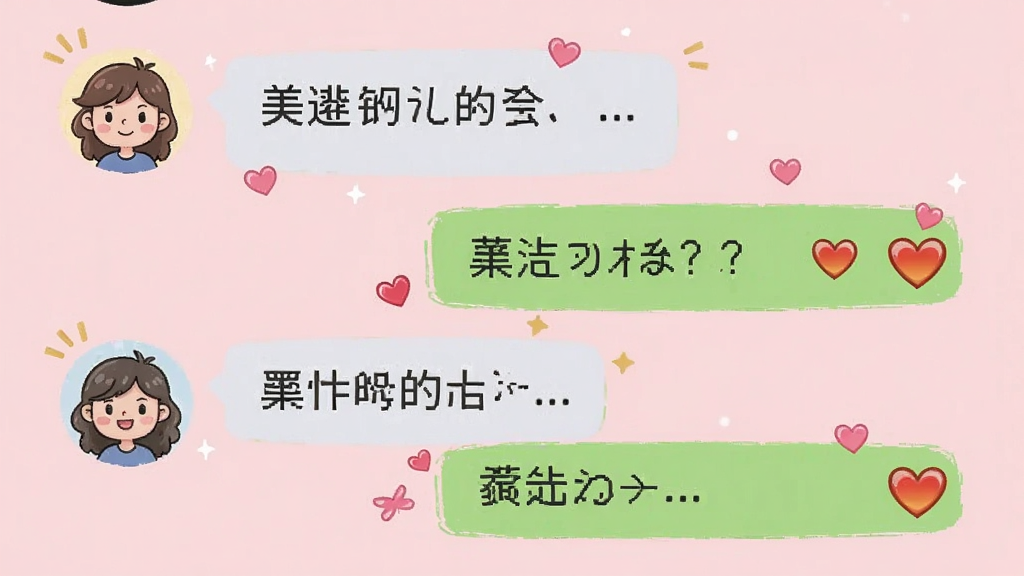 一张手机聊天界面示意图,画面中两个人物头像正在对话,对话框内包含文字和爱心表情,背景为淡粉色,风格可爱活泼,布局为上下结构,画质清晰,干净,无多余元素