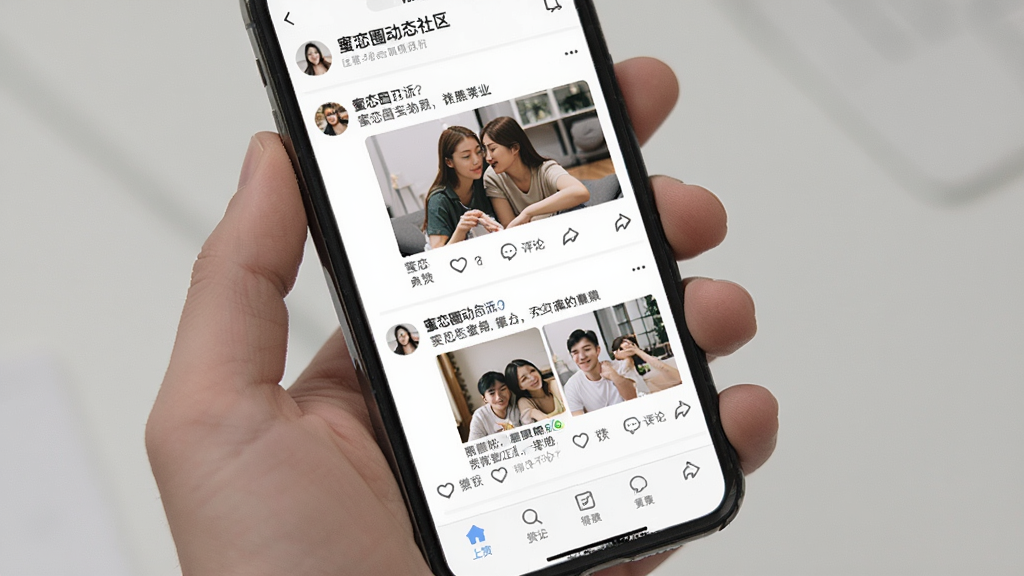 一张手机屏幕展示蜜恋圈动态社区页面,界面中显示多条用户动态,包含照片和文字描述,下方有点赞和评论图标,背景为白色,风格简约现代,画质清晰,干净,无多余元素