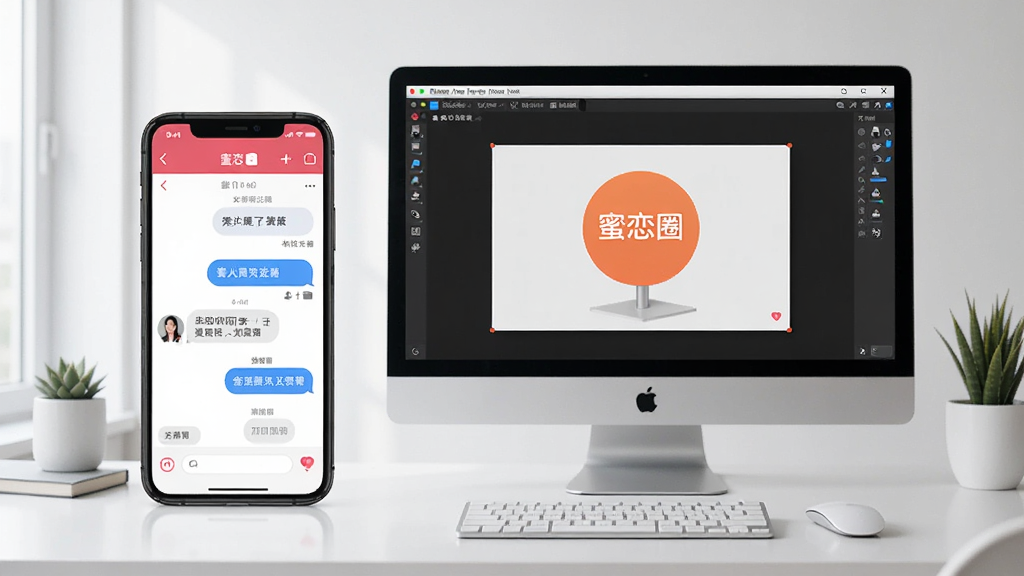 一张手机和电脑并排展示蜜恋圈应用的场景图,手机屏幕上显示聊天界面,电脑屏幕上显示模拟器运行界面,背景为办公桌面,风格现代科技感,画质清晰,干净,无多余元素