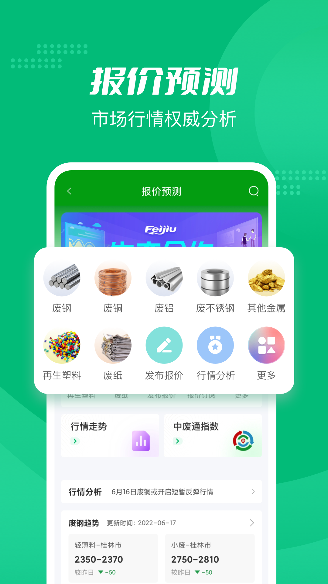 Feijiu网废料回收价格行情查询界面截图