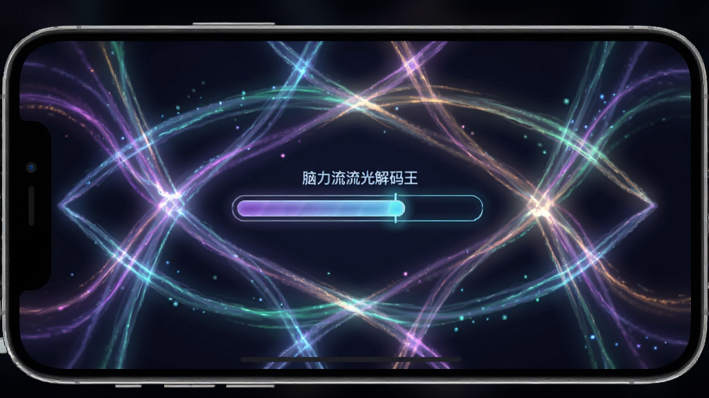 手机屏幕中显示脑力流光解码王的游戏画面,彩色流光线条在深色背景上交织成几何图案,画面中央有解码进度条,风格梦幻科技,布局对称,排版紧凑,细节上光晕自然,画质清晰干净,无多余元素