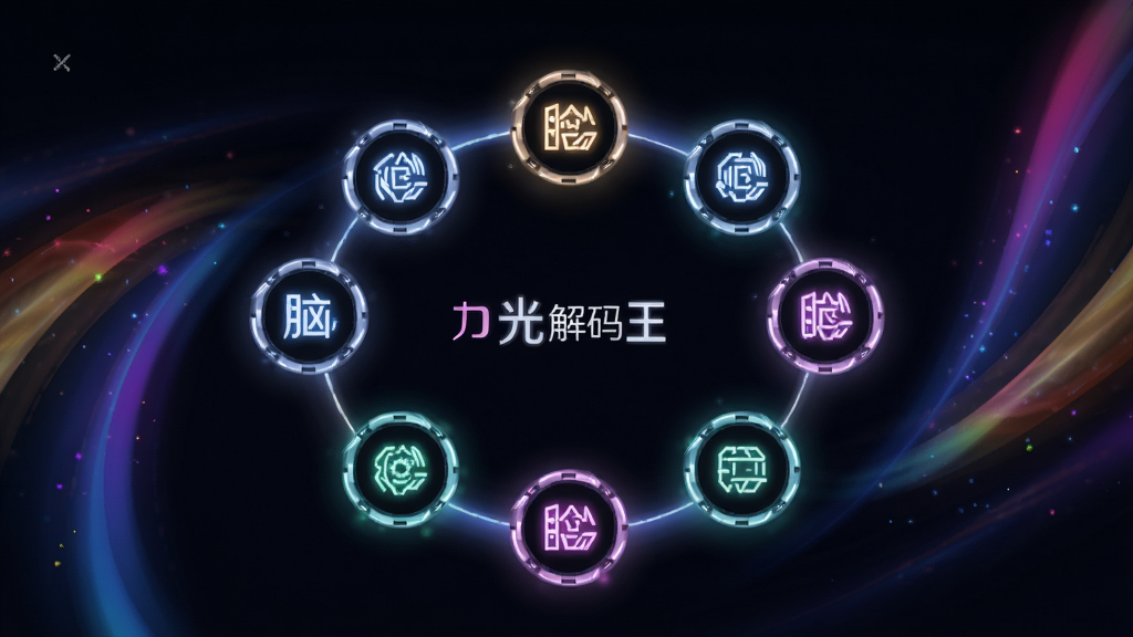 脑力流光解码王的关卡选择界面,多个发光关卡图标排列成环形,背景是流动的彩色光带,风格简约时尚,布局整齐,排版清晰,细节上图标有微光效果,画质高清干净,无多余元素