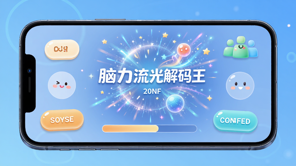 脑力流光解码王在手机上的运行画面,画面中显示解码成功后的流光绽放特效,周围有简洁的按钮和进度提示,风格明亮欢快,布局紧凑,排版合理,细节上光效柔和,画质清晰干净,无多余元素