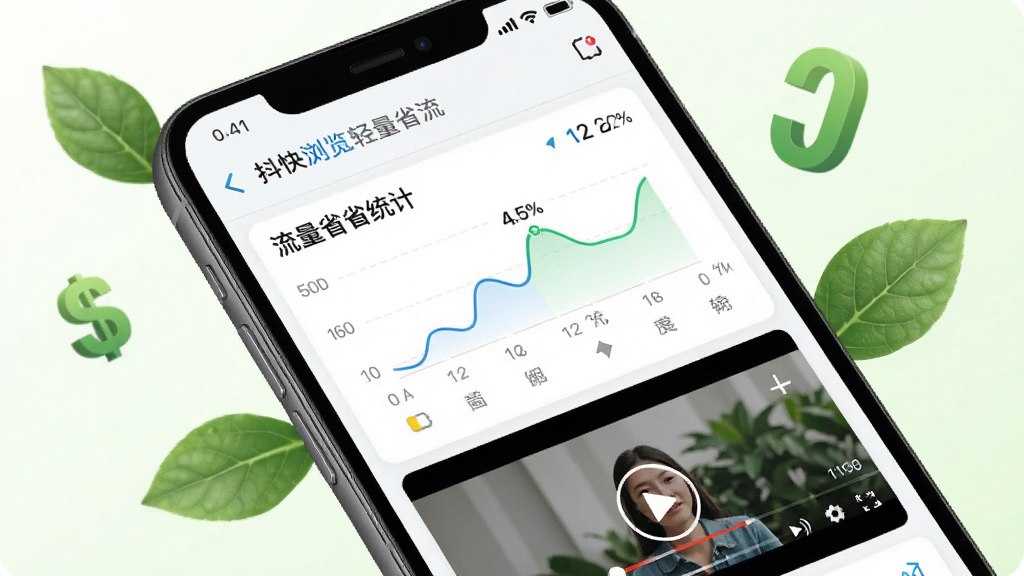 一张展示抖快浏览器轻量省流特性的图片,画面为手机屏幕特写,屏幕显示流量节省统计图表和视频播放界面,背景有绿色叶片和数字符号点缀,风格清新自然,细节清晰,画质干净,无多余元素
