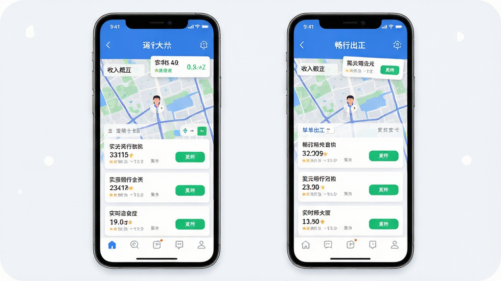 畅行出行司机端手机应用界面展示,主体为一部竖屏智能手机,屏幕内呈现司机端接单大厅地图与订单卡片列表,布局简洁清晰,排版上方为状态栏与收入概览,中部为实时订单流,底部为导航栏,风格为现代扁平化科技风,细节包含蓝色主色调、白色卡片、绿色接单按钮,画质高清,干净,无多余元素