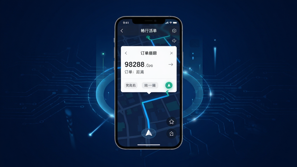 畅行出行司机端智能派单功能展示图,主体为手机屏幕悬浮在深蓝色科技背景之上,屏幕内显示订单弹窗与地图路线,布局为中心对称构图,排版突出订单金额与距离信息,风格为未来科技感,细节包含光效线条、订单卡片、导航箭头,画质高清,干净,无多余元素