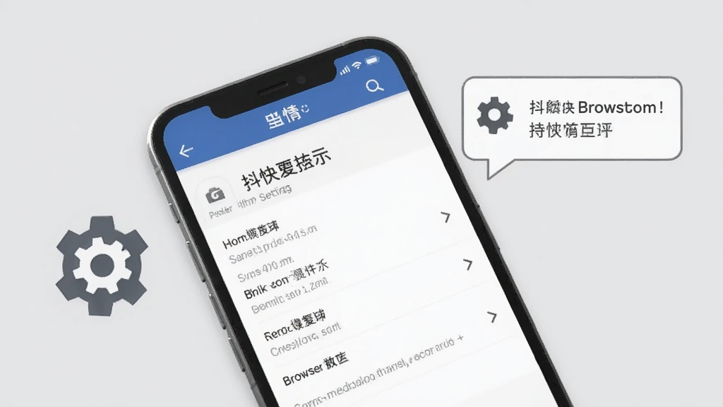 一张展示手机使用技巧的图片,画面为手机屏幕显示抖快浏览器设置界面,旁边有齿轮图标和提示气泡,背景为浅灰色,风格简约商务,细节清晰,画质干净,无多余元素