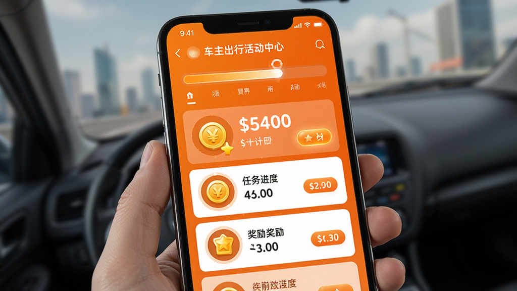 畅行出行司机端车主活动中心界面图,主体为手机屏幕,屏幕内显示任务进度条与奖励图标,布局为卡片式列表,排版突出奖励金额与倒计时,风格为活力橙色调,细节包含金币图标、进度环、按钮高光,画质高清,干净,无多余元素