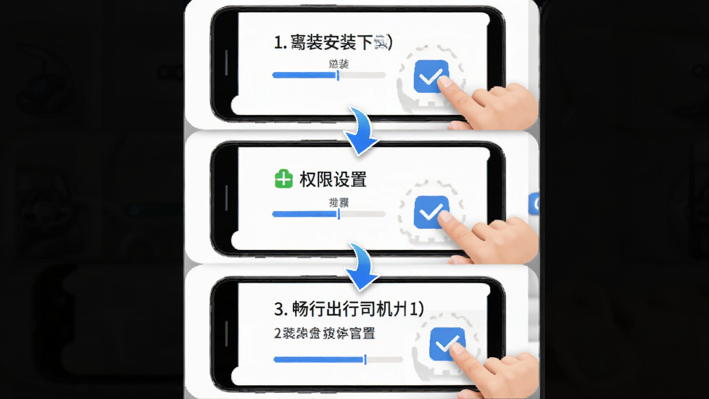 畅行出行司机端安卓手机安装步骤示意图,主体为手机屏幕与手指点击动作,布局为分步展示,排版从上到下依次为下载、安装、权限设置三个画面,风格为简洁教程风,细节包含蓝色箭头、勾选图标、进度条,画质高清,干净,无多余元素