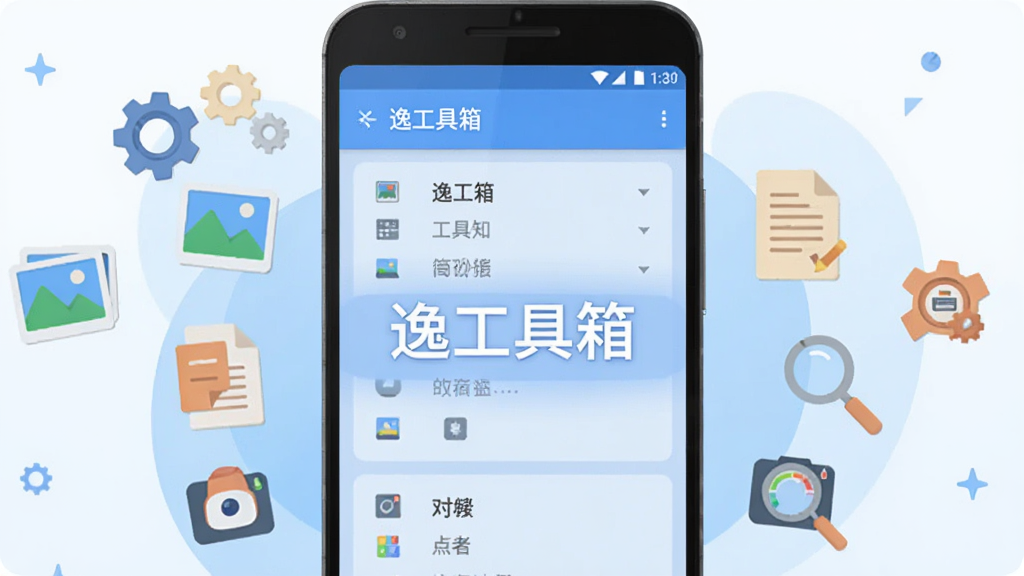 一部安卓手机正面展示“逸工具箱”功能列表界面,画面采用扁平化插画风格,背景为浅蓝色渐变,手机周围漂浮着齿轮、图片、文档、放大镜等小图标,寓意功能丰富,画面中央有“逸工具箱”文字标识,排版居中,风格简洁现代,画质清晰,无杂乱背景