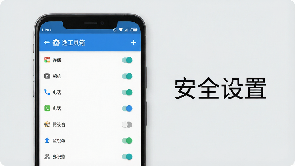 一张安卓手机显示“逸工具箱”权限管理界面的截图风格图片,画面中手机屏幕清晰展示存储、相机、电话等权限开关列表,背景为浅灰色,手机旁边有“安全设置”文字标识,整体风格简洁明了,画质清晰,无多余元素