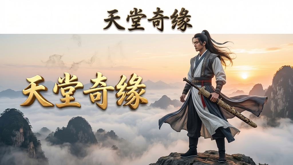 画面主体为一位身穿古典武侠服饰的侠客站在山巅,身后是云雾缭绕的群山与夕阳余晖,画面左侧悬浮着金色立体字“天堂奇缘”,布局采用居中构图,上方留白用于展示标题文字,排版简洁大气,风格为中国风水墨与写实融合,细节上侠客衣袂飘动、剑鞘纹路清晰,画质超清、干净、无多余元素