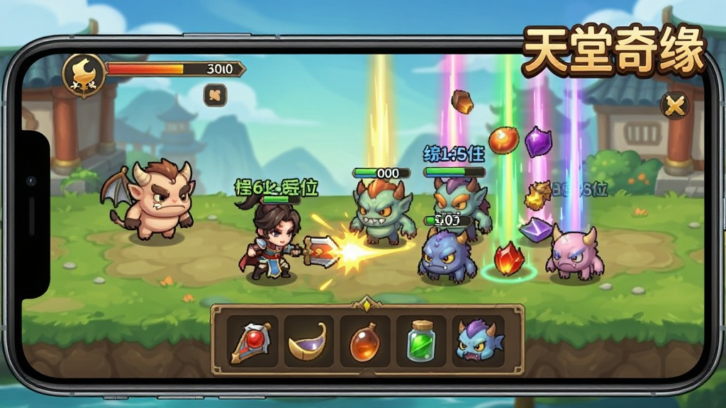 画面主体为手机屏幕中显示游戏挂机界面,角色自动攻击怪物,周围有经验值飘字和掉落物品光柱,画面右上角显示“天堂奇缘”字样,布局为竖屏手机视角,排版突出挂机收益面板,风格为明亮卡通武侠风,细节上怪物造型可爱、光柱色彩丰富,画质清晰、干净、无多余元素