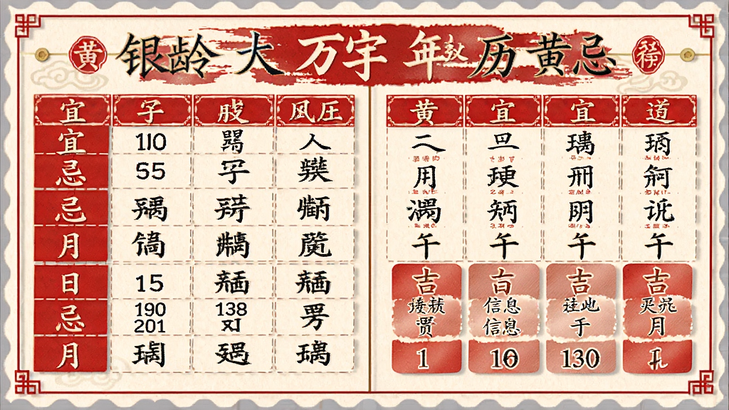 银龄大字万年历黄历宜忌页面,画面展示当日宜忌列表和吉凶信息,布局为上下分栏结构,风格传统典雅,细节上突出红黑配色和文字排版,画质清晰干净,无多余元素