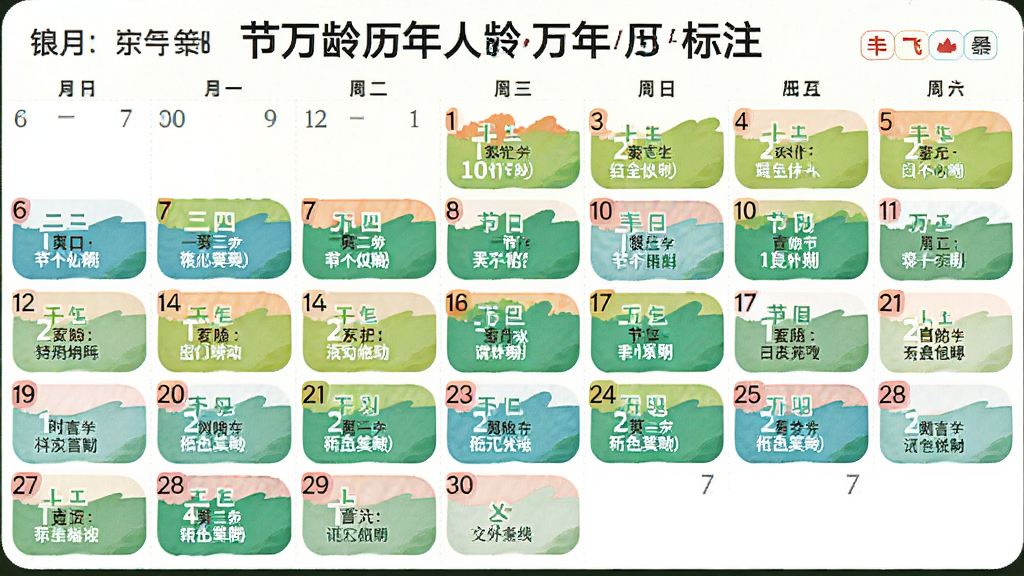 银龄大字万年历节气节日标注界面,画面展示日历中节气节日高亮标记,布局为月历网格排列,风格清新自然,细节上突出彩色标注和文字说明,画质清晰干净,无多余元素