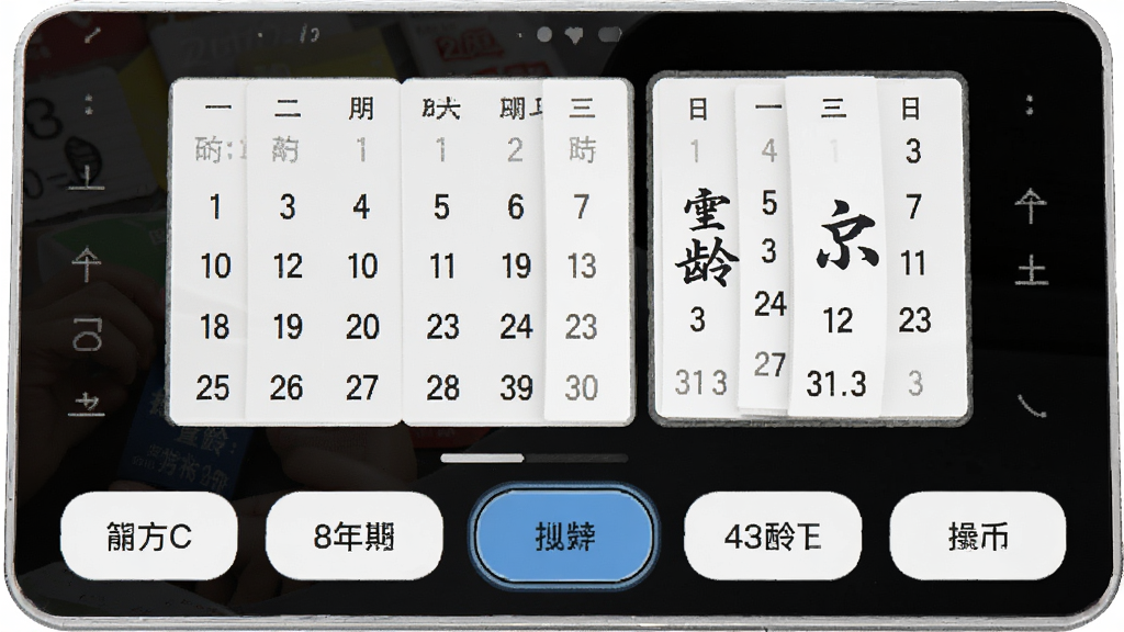 银龄大字万年历操作界面展示,画面主体为简洁功能按钮和日历翻页区域,布局上按钮集中在底部,风格极简清爽,细节上突出按钮尺寸和触控区域,画质清晰干净,无多余元素