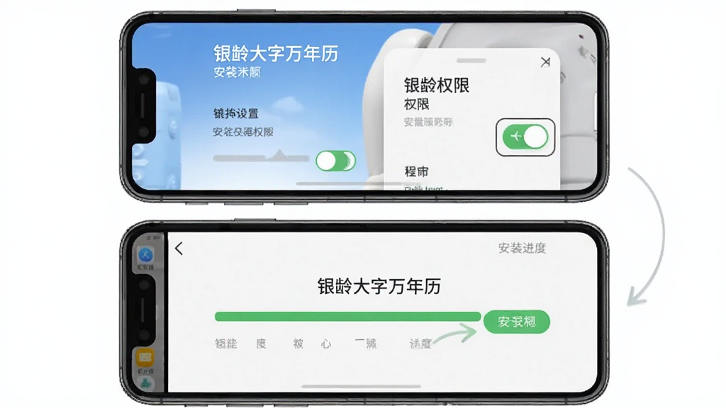银龄大字万年历安装步骤示意图,画面展示手机屏幕上安装权限设置和安装进度界面,布局为上下步骤排列,风格简洁明了,细节上突出权限开关和安装按钮,画质清晰干净,无多余元素