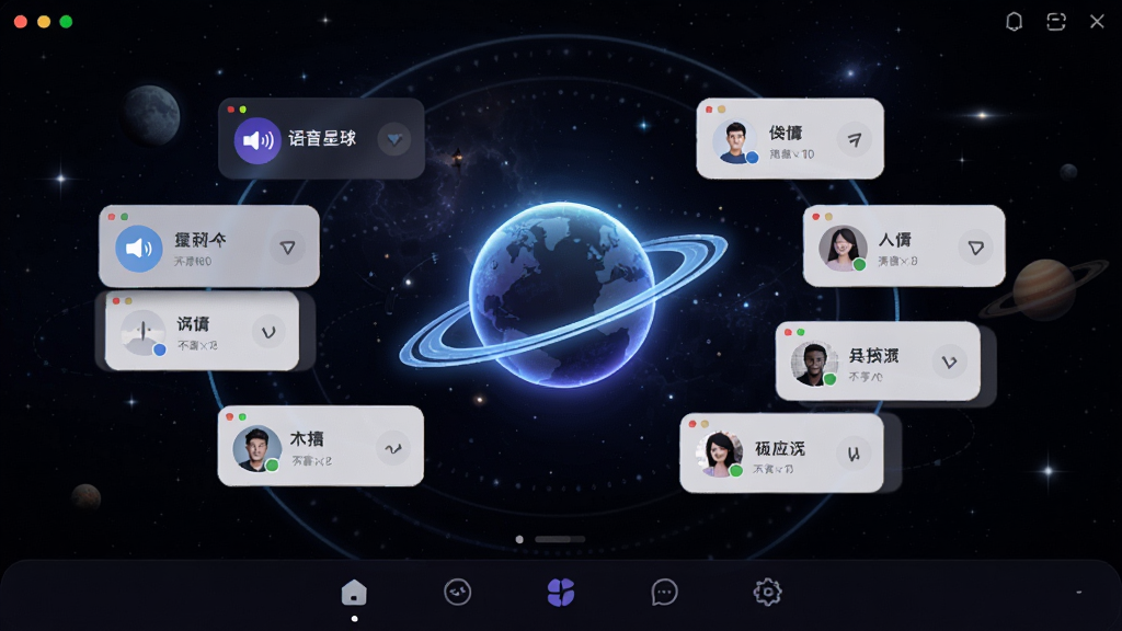不夜星球软件主界面展示,深色星空背景,中央是发光的星球图标,周围环绕着语音房间卡片和用户头像,底部有导航栏,整体风格科技感与神秘感并存,干净无多余元素,高清画质