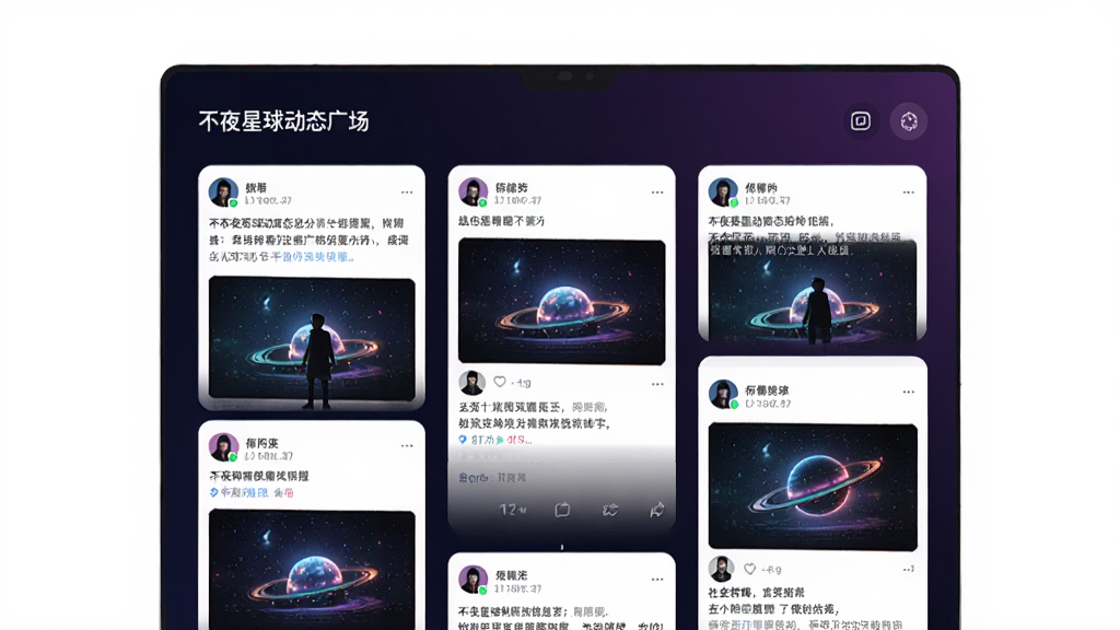 不夜星球动态广场页面,瀑布流布局展示用户发布的图文卡片,每张卡片包含头像、昵称、文字和配图,背景为深色渐变,界面清爽,突出社交分享感,高清画质