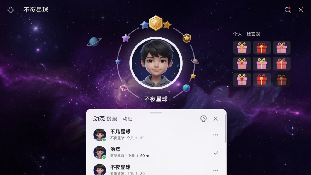 不夜星球个人主页界面,中央是圆形头像,周围环绕等级标识和礼物墙,下方显示动态列表,背景为深紫色星空,整体布局整洁,突出个性化展示,高清画质