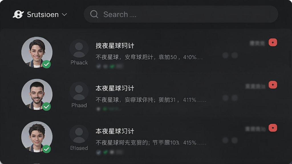 不夜星球消息列表界面,左侧是好友头像,右侧是聊天预览和未读红点,顶部有搜索栏,背景为深灰色,界面干净利落,突出即时通讯功能,高清画质