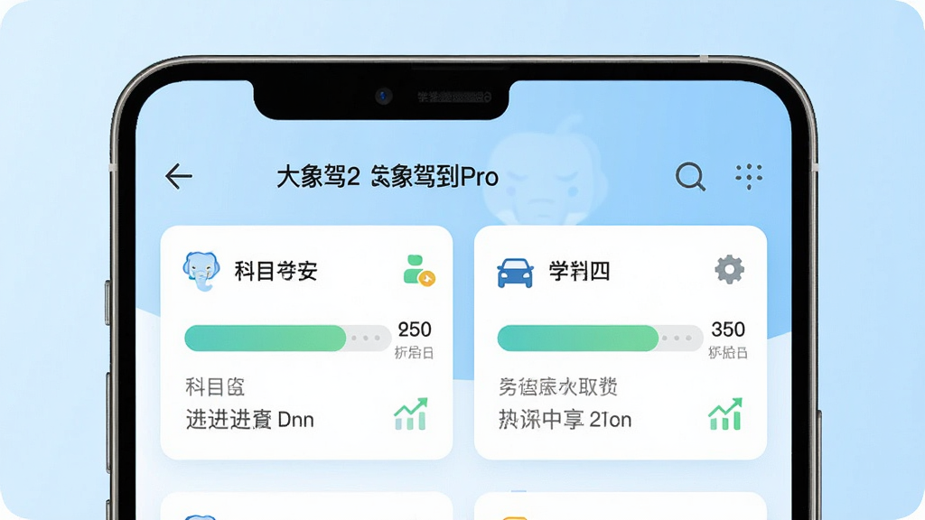 一张以“大象驾到Pro”学时看板为主题的界面示意图,画面主体为手机屏幕,屏幕内展示科目二和科目四的学时卡片,每张卡片上有进度条和数字标识,背景为浅蓝色渐变,风格简洁现代,细节包括图标、文字标签和状态提示,画质清晰干净,无多余装饰元素