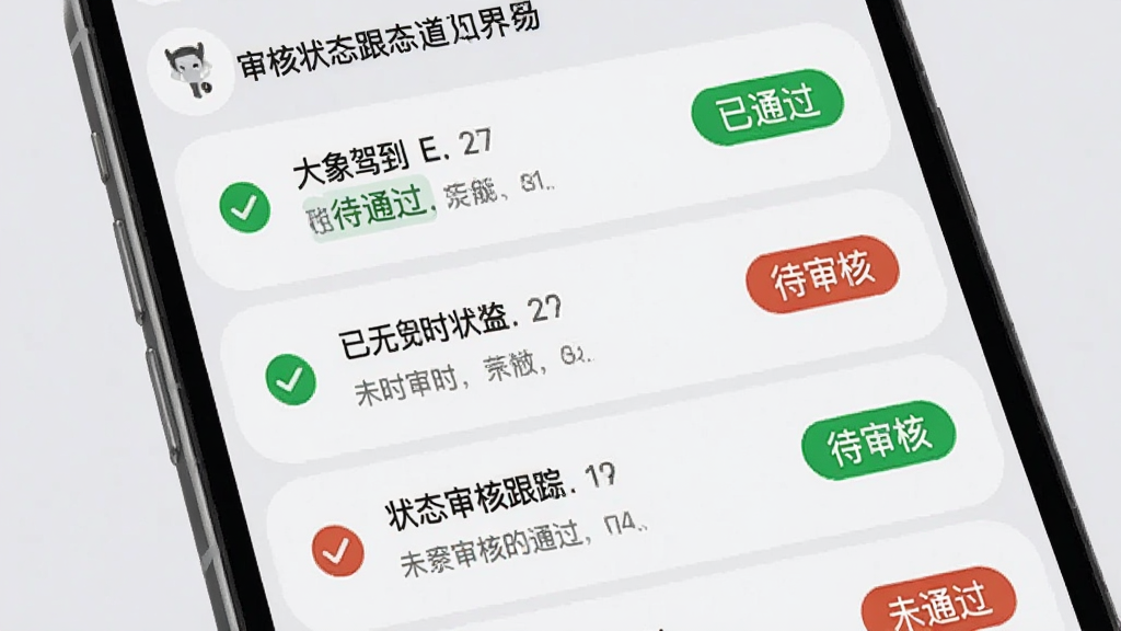 大象驾到Pro审核状态跟踪界面图,画面为手机屏幕特写,屏幕上显示多条学时记录及对应的审核状态标签,包括“已通过”“待审核”“未通过”等彩色标识,背景为浅灰色,风格简约商务,细节包括状态图标和文字说明,画质清晰,无多余元素