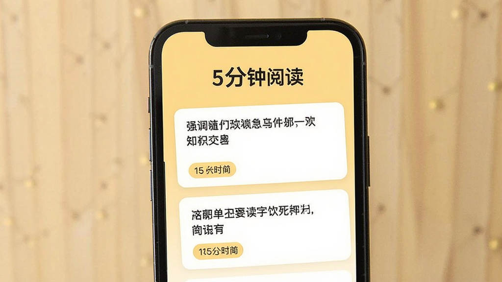 一张手机屏幕展示阅读应用界面的图片,画面中央是手机,手机屏幕上显示着5分钟阅读APP的首页,首页顶部有5分钟阅读的LOGO文字,中间是文章卡片列表,每张卡片上有标题和阅读时长标签,背景是温馨的浅黄色,整体风格清新简约,细节清晰,画质干净,无多余元素