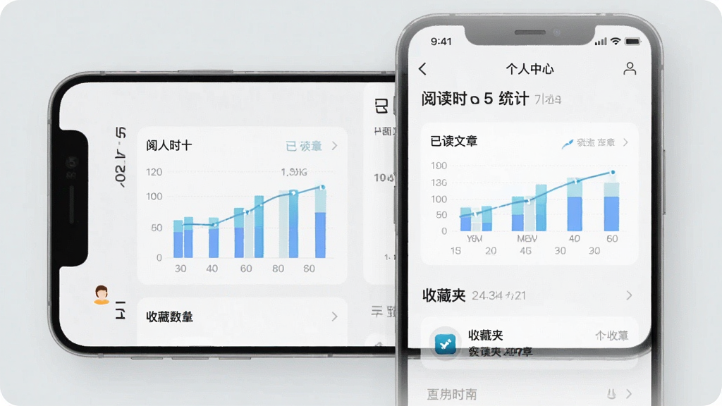 一张展示手机应用阅读统计页面的图片,画面中手机屏幕上显示5分钟阅读APP的个人中心页面,包含阅读时长统计图表、已读文章数量、收藏夹入口等元素,界面设计简洁现代,背景为浅灰色,画质干净,无多余元素