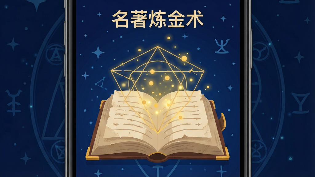 一张展示手机屏幕的插画,屏幕中打开着名为“名著炼金术”的软件界面,界面中央有一本翻开的古典书籍,书页中升起金色粒子与几何线条,背景为深蓝色星图与炼金术符号,画面采用扁平插画风格,主体居中,排版简洁,细节包括书页纹理与发光粒子,画质清晰干净,无多余元素