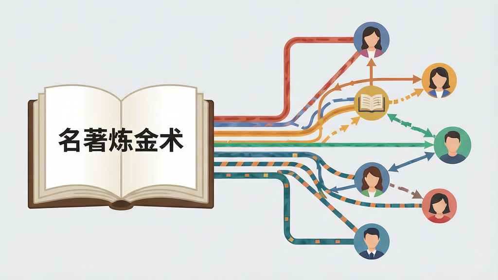 一张展示“名著炼金术”软件功能的示意图,画面左侧为一本打开的书籍,右侧延伸出多条彩色线条连接不同的人物头像圆点,形成关系网络,背景为浅灰色,风格为简洁信息图,主体突出,排版清晰,细节包括线条粗细变化与头像图标,画质干净,无多余元素