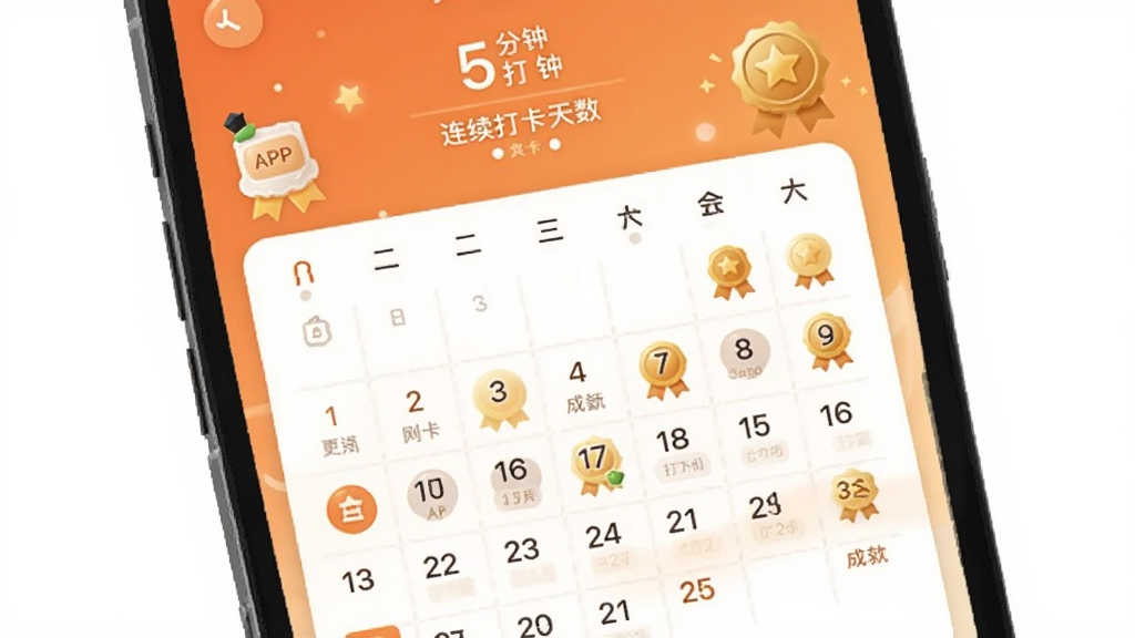 一张展示手机应用打卡日历界面的图片,画面中手机屏幕显示5分钟阅读APP的打卡页面,包含月度打卡日历、连续打卡天数、成就徽章等元素,界面色彩温暖,风格积极向上,画质干净,无多余元素